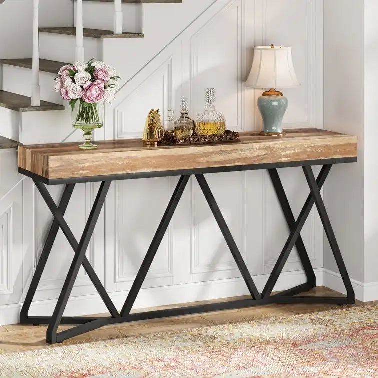 Console de 55 pouces en bois, table d'entrée/derrière canapé avec pieds en métal uniques