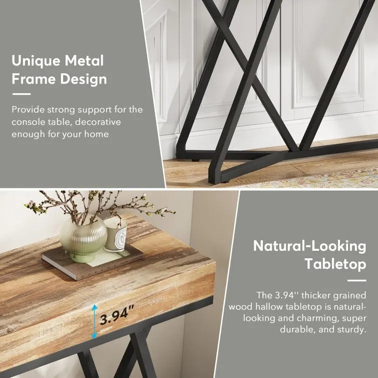 Console de 55 pouces en bois, table d'entrée/derrière canapé avec pieds en métal uniques
