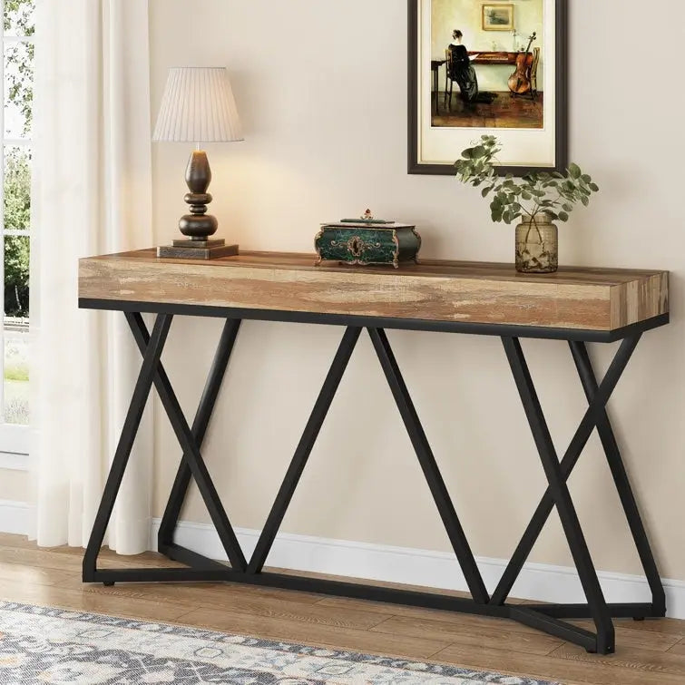 Console de 55 pouces en bois, table d'entrée/derrière canapé avec pieds en métal uniques