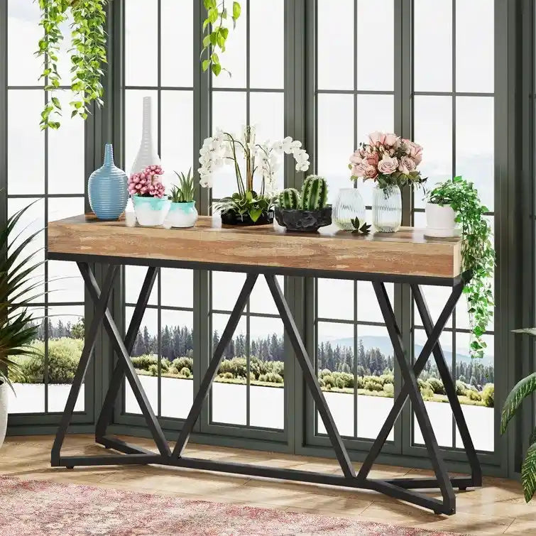 Console de 55 pouces en bois, table d'entrée/derrière canapé avec pieds en métal uniques