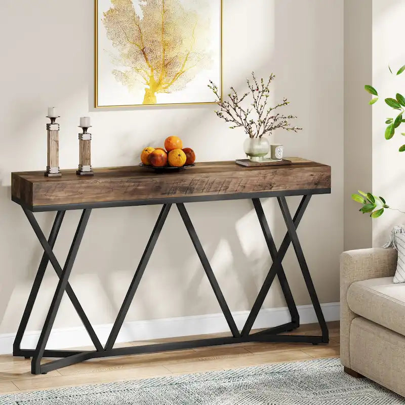Console de 55 pouces en bois, table d'entrée/derrière canapé avec pieds en métal uniques