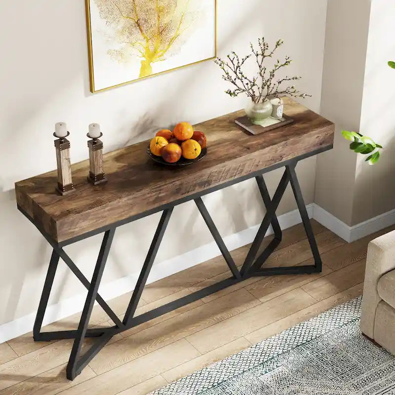 Console de 55 pouces en bois, table d'entrée/derrière canapé avec pieds en métal uniques