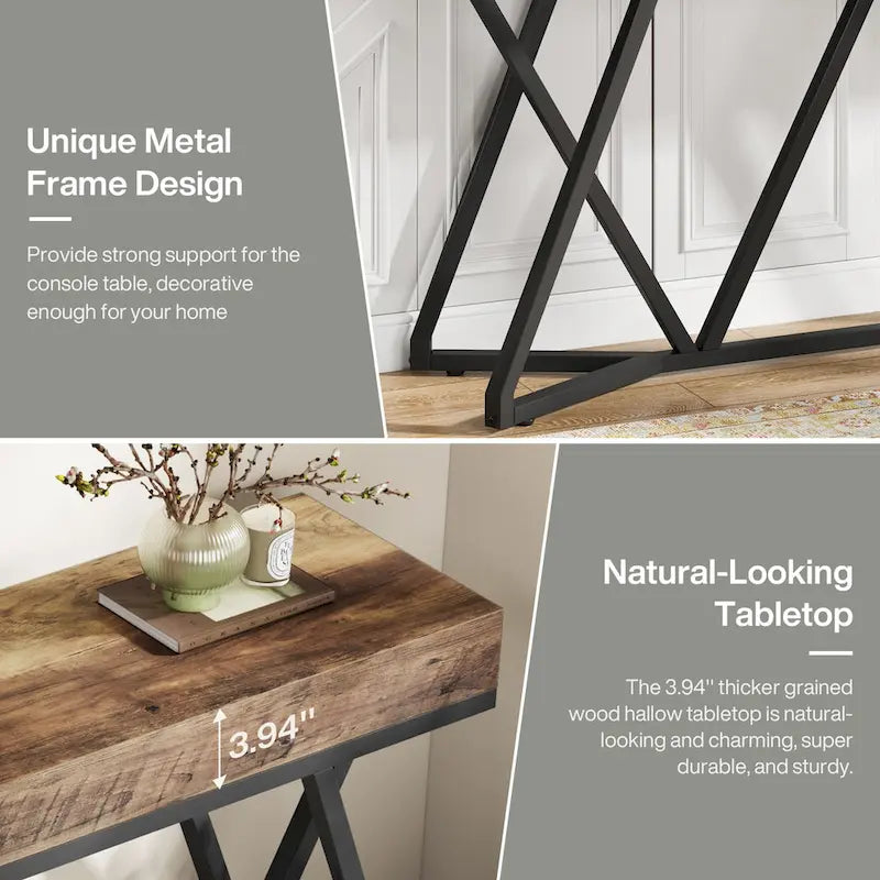 Console de 55 pouces en bois, table d'entrée/derrière canapé avec pieds en métal uniques