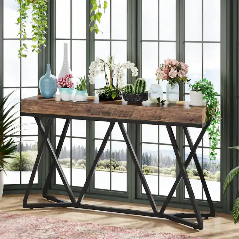 Console de 55 pouces en bois, table d'entrée/derrière canapé avec pieds en métal uniques