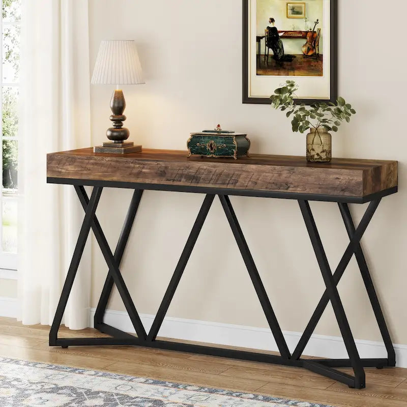 Console de 55 pouces en bois, table d'entrée/derrière canapé avec pieds en métal uniques