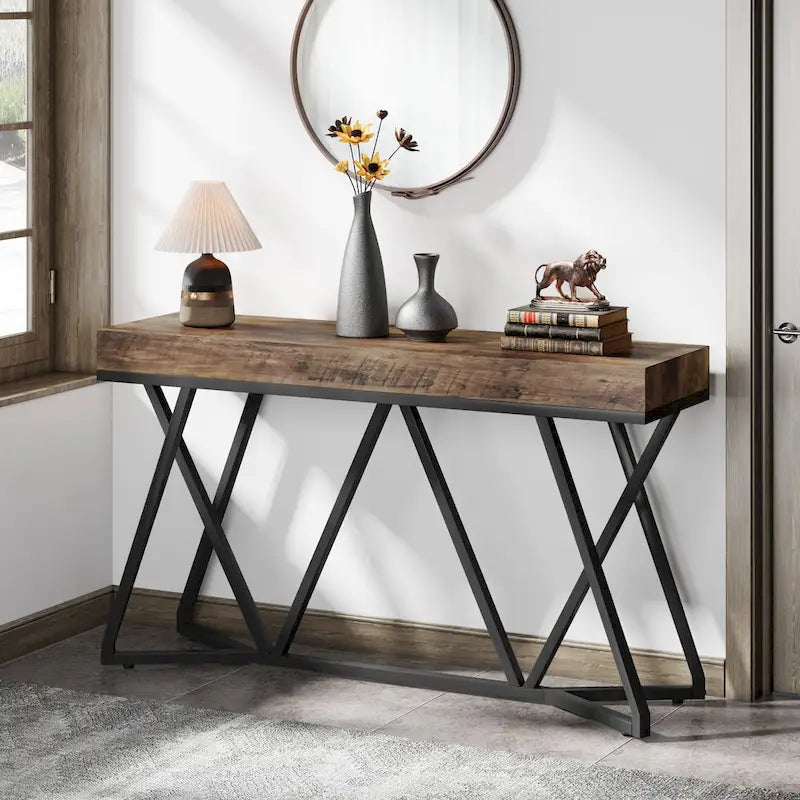 Console de 55 pouces en bois, table d'entrée/derrière canapé avec pieds en métal uniques