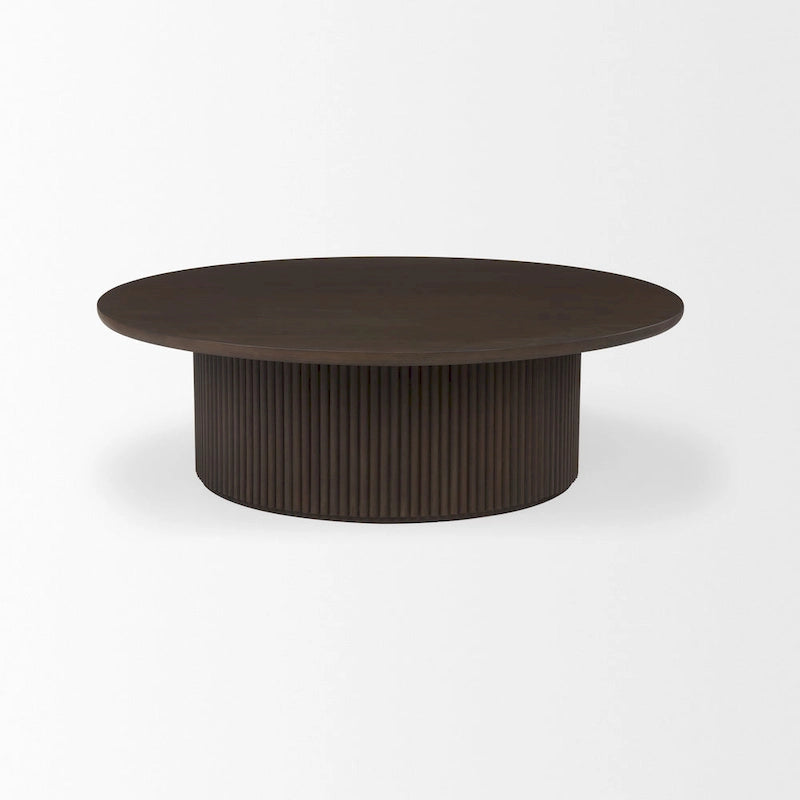 Tavolino da caffè rotondo Terra con scanalature in legno marrone scuro 48L x 48W x 15H
