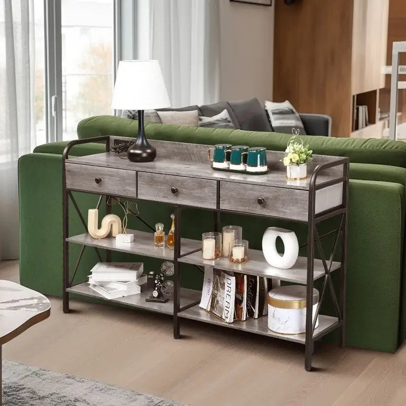 Consolle con prese e porte USB, Tavolo stretto da ingresso con 3 cassetti