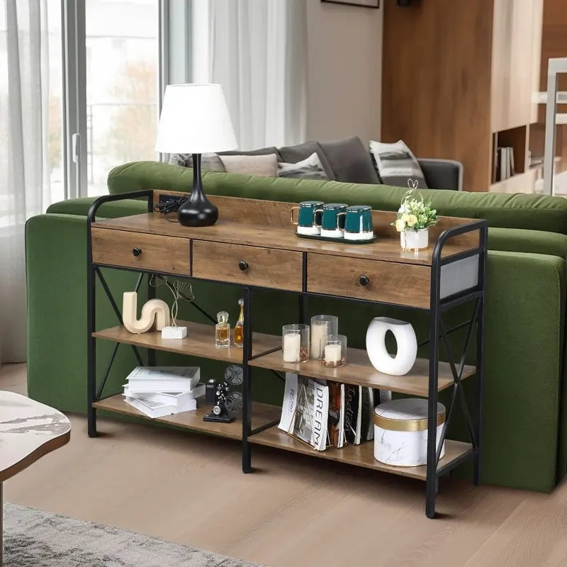 Consolle con prese e porte USB, Tavolo stretto da ingresso con 3 cassetti