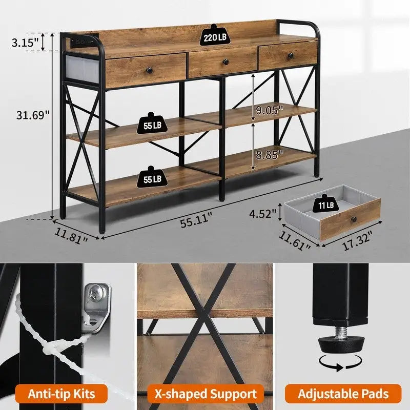 Consolle con prese e porte USB, Tavolo stretto da ingresso con 3 cassetti