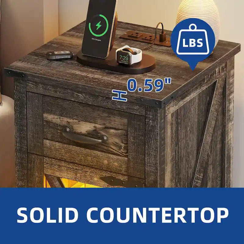 Table d'appoint Moasis LED avec étagère et tiroir, avec station de charge et prise de courant