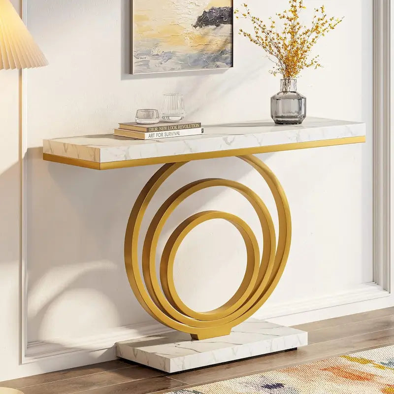 Console de table d'entrée dorée de 41 pouces, table d'appoint moderne pour salon, couloir, entrée, plateau en placage effet marbre
