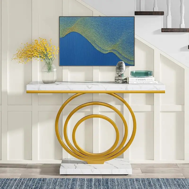Console de table d'entrée dorée de 41 pouces, table d'appoint moderne pour salon, couloir, entrée, plateau en placage effet marbre
