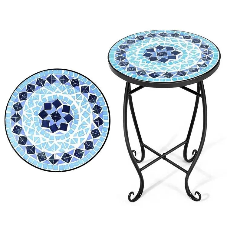 Tavolino d'appoggio/Portapiante rotondo con mosaico blu per interni/esterni - 14L x 14P x 21A