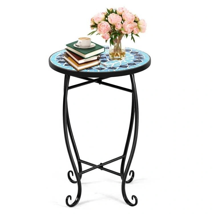 Tavolino d'appoggio/Portapiante rotondo con mosaico blu per interni/esterni - 14L x 14P x 21A