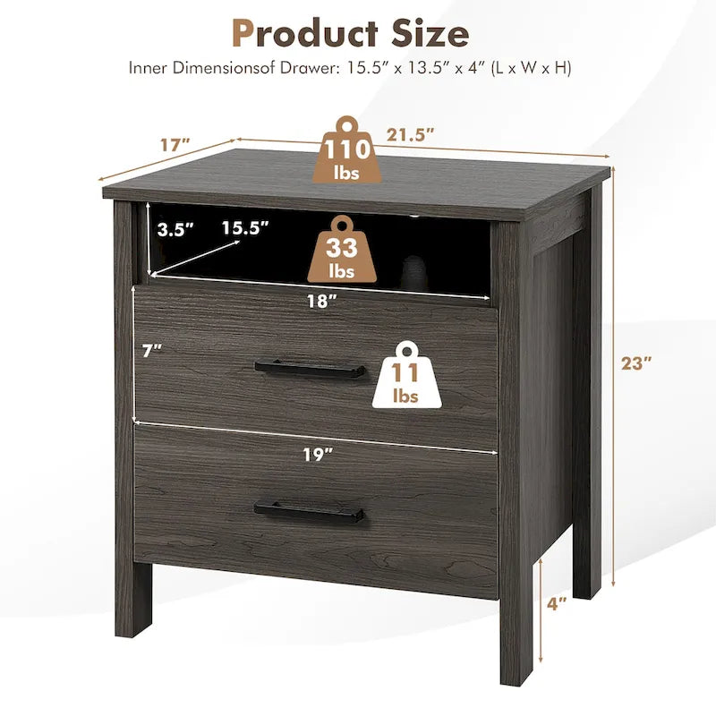 Comodino Costway con cassetti, comodino rustico con vano portaoggetti - 21,5 x 17 x 23