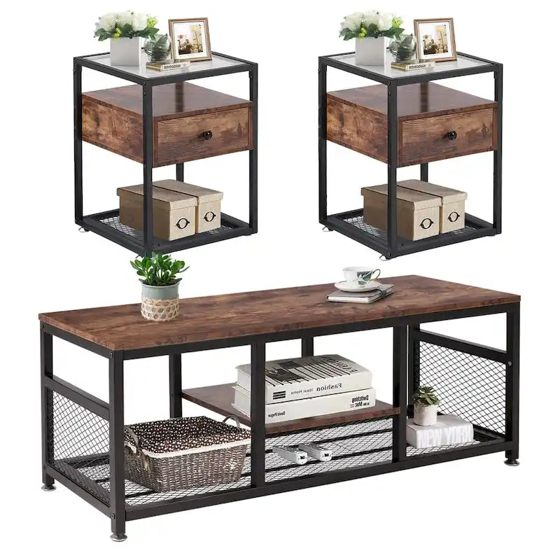 Taomika Set di 3 Tavolini da Caffè Moderni con Mensole, Set Marrone/Nero
