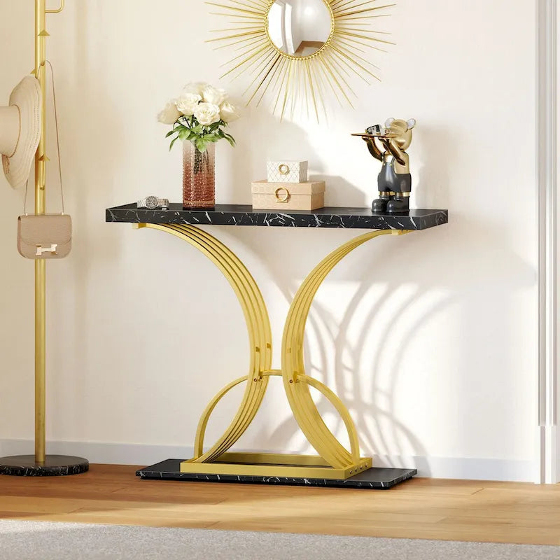 Moasis 39 Modern Faux Marble Console Table with Gold Base, Entryway Sofa Table for Living Room