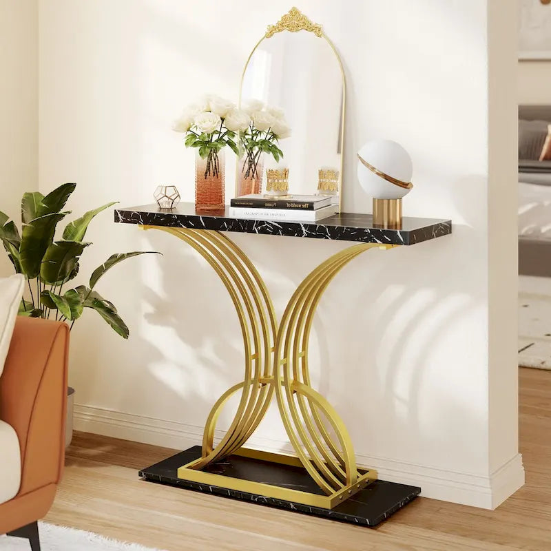 Moasis 39 Table console moderne en faux marbre avec piètement doré, table d'appoint pour entrée de salon