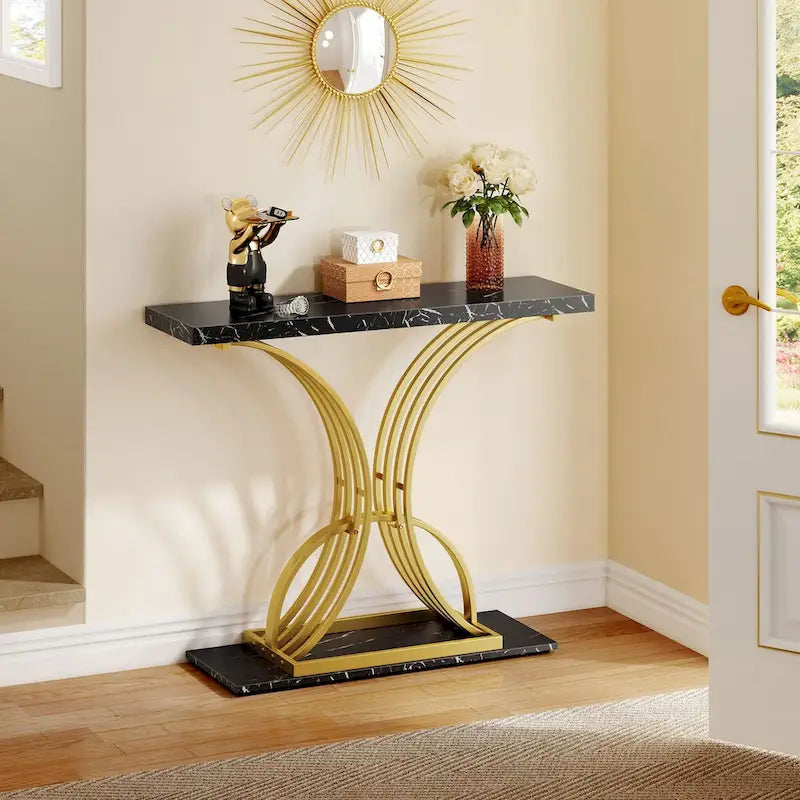Moasis 39 Table console moderne en faux marbre avec piètement doré, table d'appoint pour entrée de salon