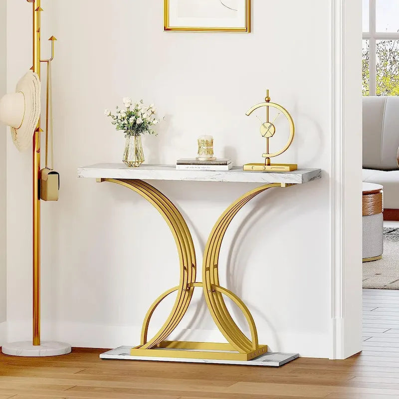 Moasis 39 Table console moderne en faux marbre avec piètement doré, table d'appoint pour entrée de salon