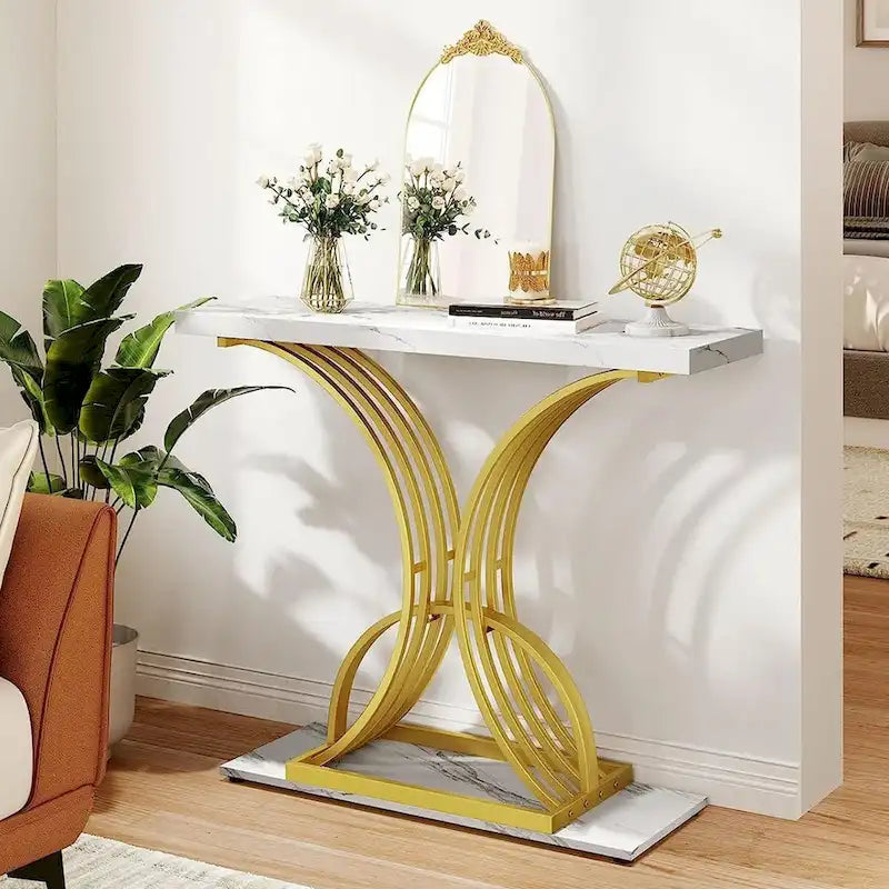 Moasis 39 Table console moderne en faux marbre avec piètement doré, table d'appoint pour entrée de salon