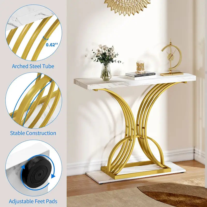 Moasis 39 Table console moderne en faux marbre avec piètement doré, table d'appoint pour entrée de salon