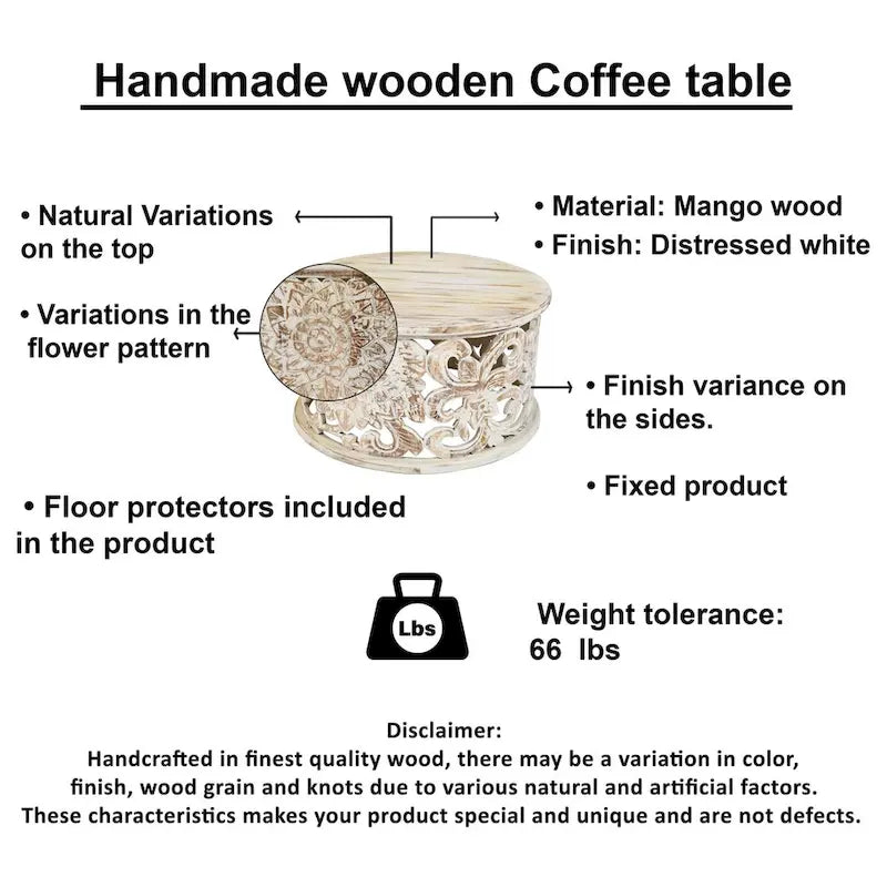 Tavolino da Caffè Alina Realizzato Artigianalmente in Legno di Mango con Motivo Floreale Intagliato Finitura Bianca Invecchiata 33 Pollici