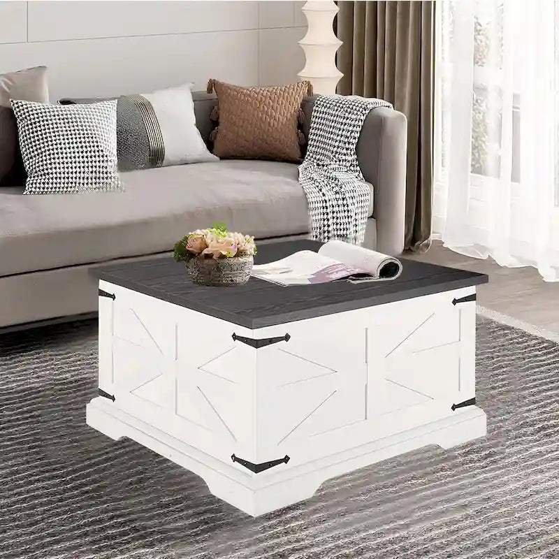 Table basse de salon relevable carrée Roomfitters style ferme, table centrale en bois, table centrale carrée en bois avec rangement caché