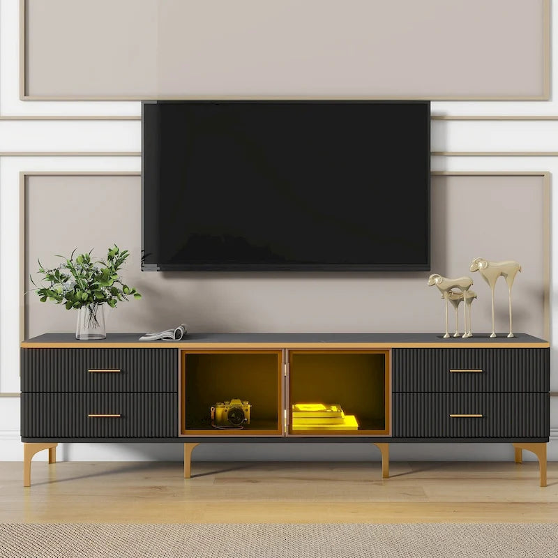 Meuble TV avec vitrine, pieds et poignées dorés