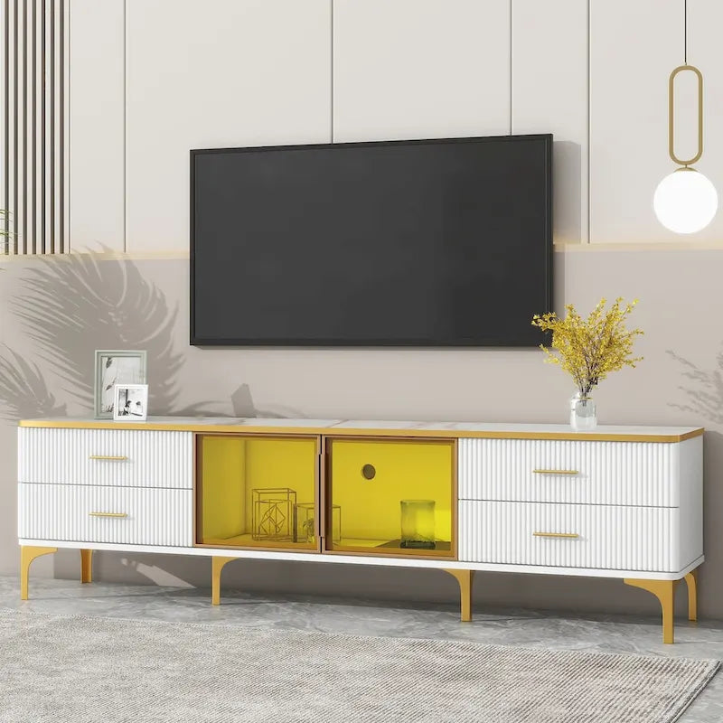 Meuble TV avec vitrine, pieds et poignées dorés