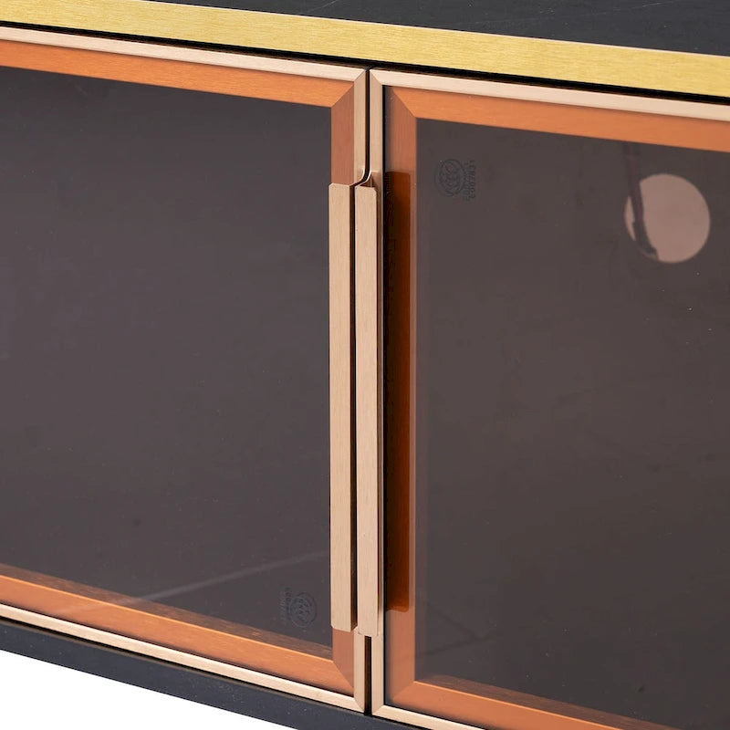 Meuble TV avec vitrine, pieds et poignées dorés