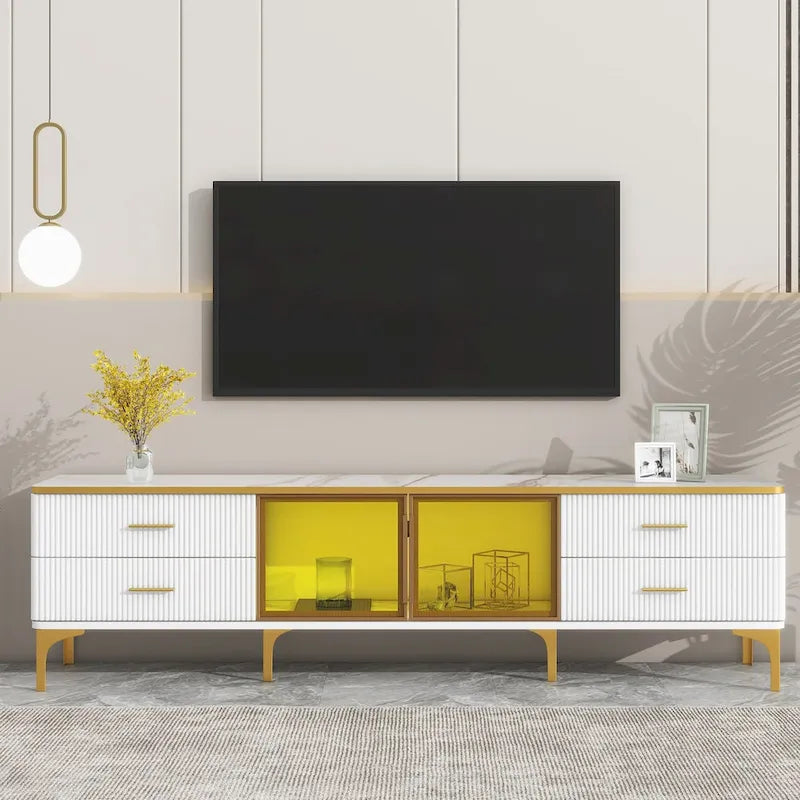 Meuble TV avec vitrine, pieds et poignées dorés
