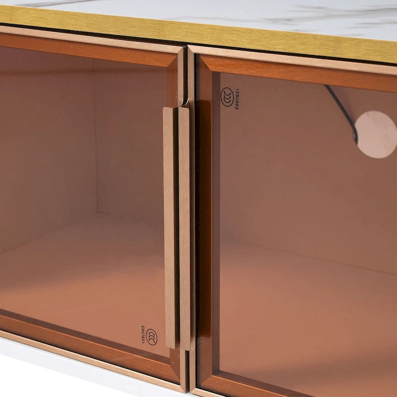 Meuble TV avec vitrine, pieds et poignées dorés