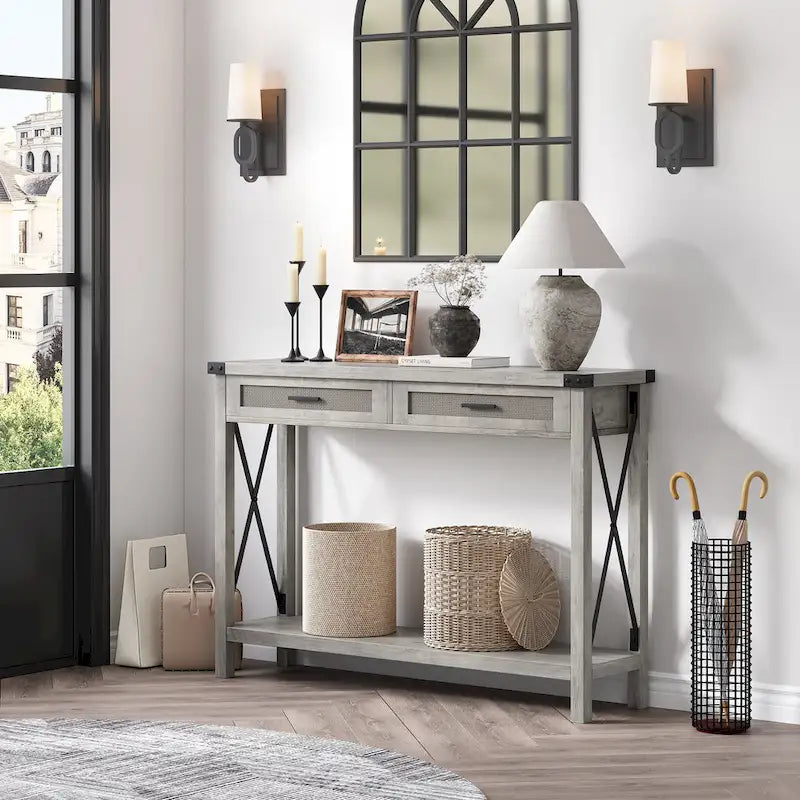 Tavolo da ingresso, Console in legno con cassetti contenitori