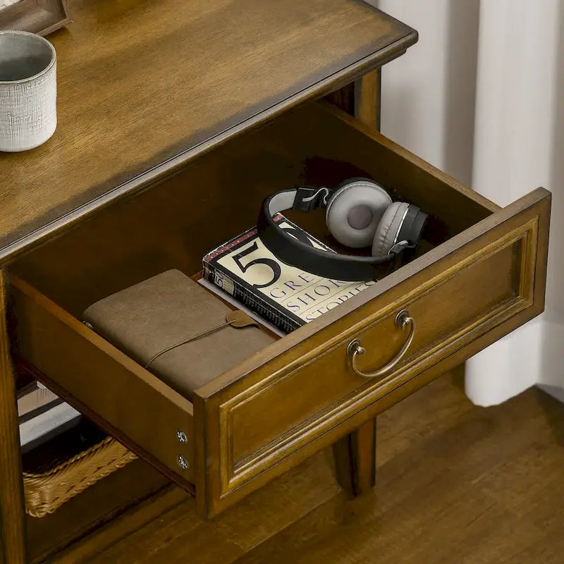 Tavolino con contenitore, tavolino vintage con cassetto e ripiano aperto