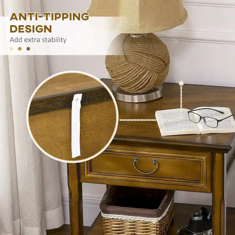 Tavolino con contenitore, tavolino vintage con cassetto e ripiano aperto