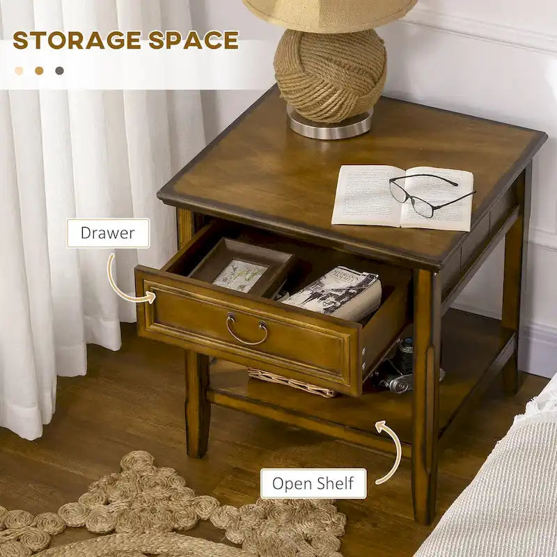Tavolino con contenitore, tavolino vintage con cassetto e ripiano aperto