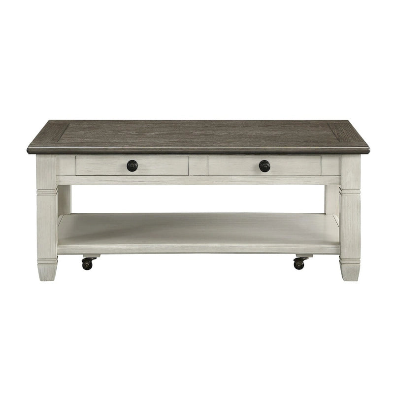 Table basse cocktail Rome de 48 pouces, 2 tiroirs, blanc et marron, bois massif