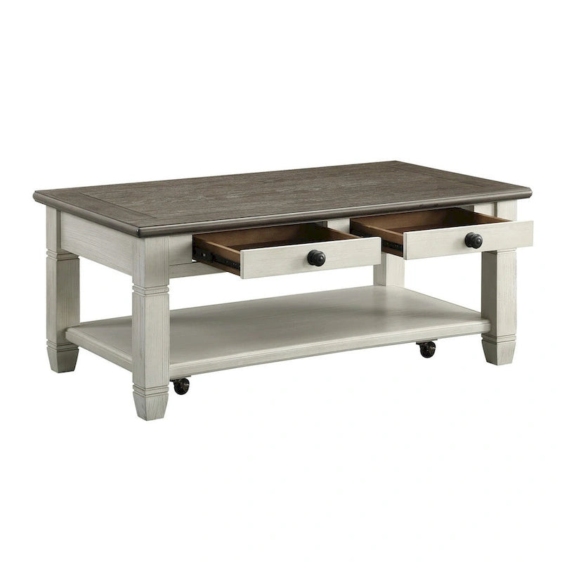 Table basse cocktail Rome de 48 pouces, 2 tiroirs, blanc et marron, bois massif