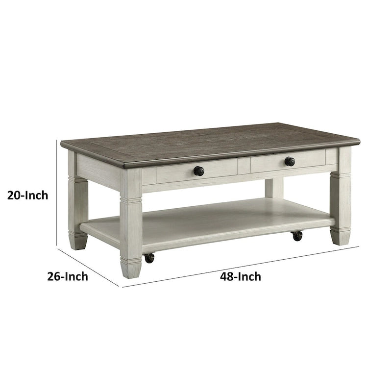 Table basse cocktail Rome de 48 pouces, 2 tiroirs, blanc et marron, bois massif