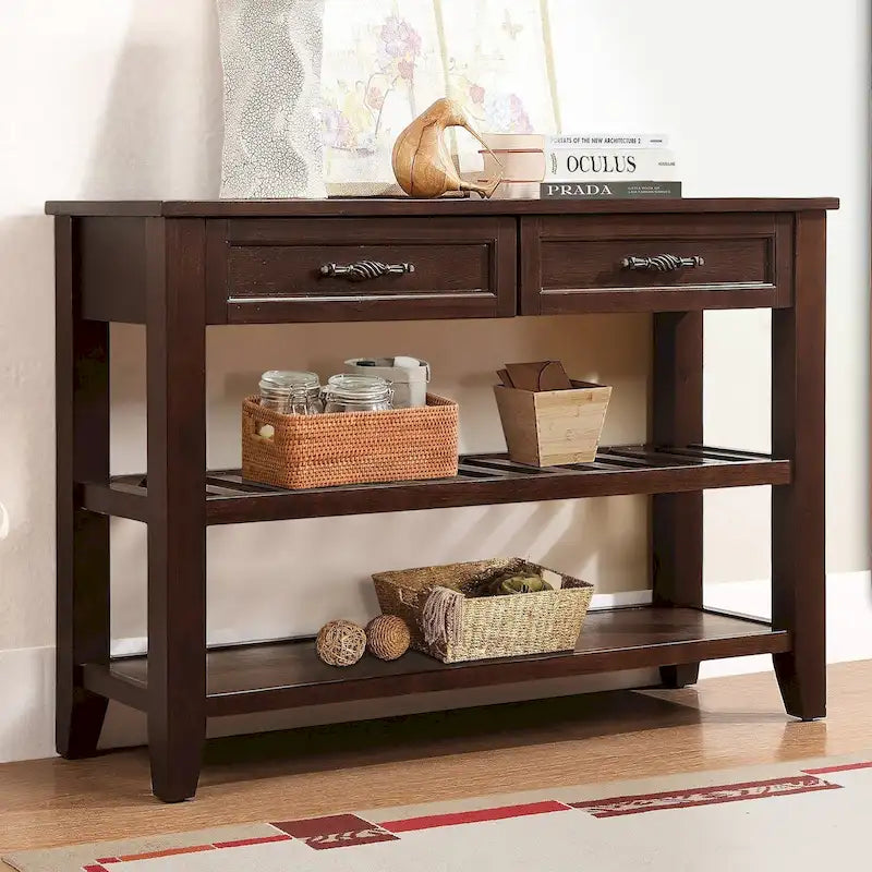 Console Table Canapé avec 2 Tiroirs de Rangement et 2 Étagères, Buffet et Dressoir en Bois Massif de Style Mid-Century de 42 pouces