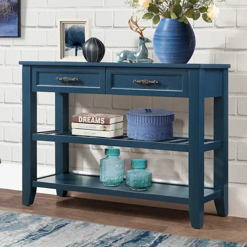Console Table Canapé avec 2 Tiroirs de Rangement et 2 Étagères, Buffet et Dressoir en Bois Massif de Style Mid-Century de 42 pouces