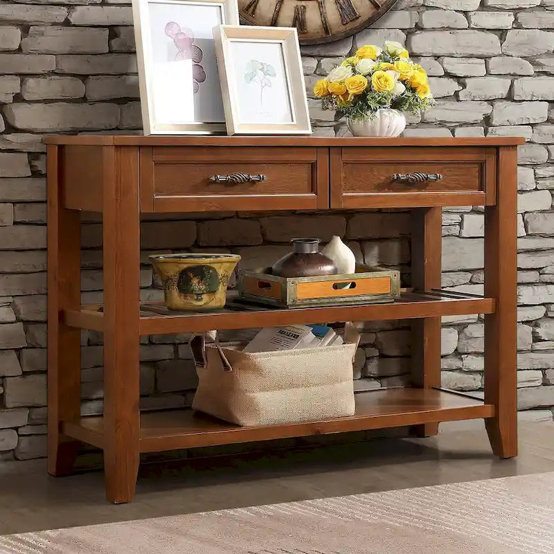 Console Table Canapé avec 2 Tiroirs de Rangement et 2 Étagères, Buffet et Dressoir en Bois Massif de Style Mid-Century de 42 pouces