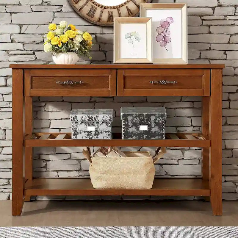 Console Table Canapé avec 2 Tiroirs de Rangement et 2 Étagères, Buffet et Dressoir en Bois Massif de Style Mid-Century de 42 pouces