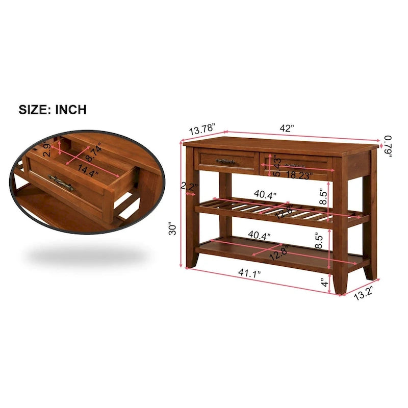 Console Table Canapé avec 2 Tiroirs de Rangement et 2 Étagères, Buffet et Dressoir en Bois Massif de Style Mid-Century de 42 pouces