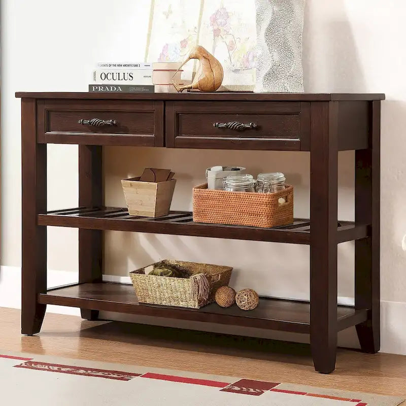 Console Table Canapé avec 2 Tiroirs de Rangement et 2 Étagères, Buffet et Dressoir en Bois Massif de Style Mid-Century de 42 pouces