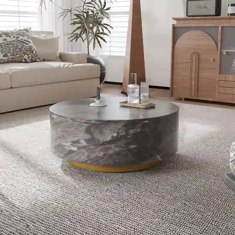 Table basse ronde moderne en similicuir marbre avec 2 tiroirs, entièrement assemblée