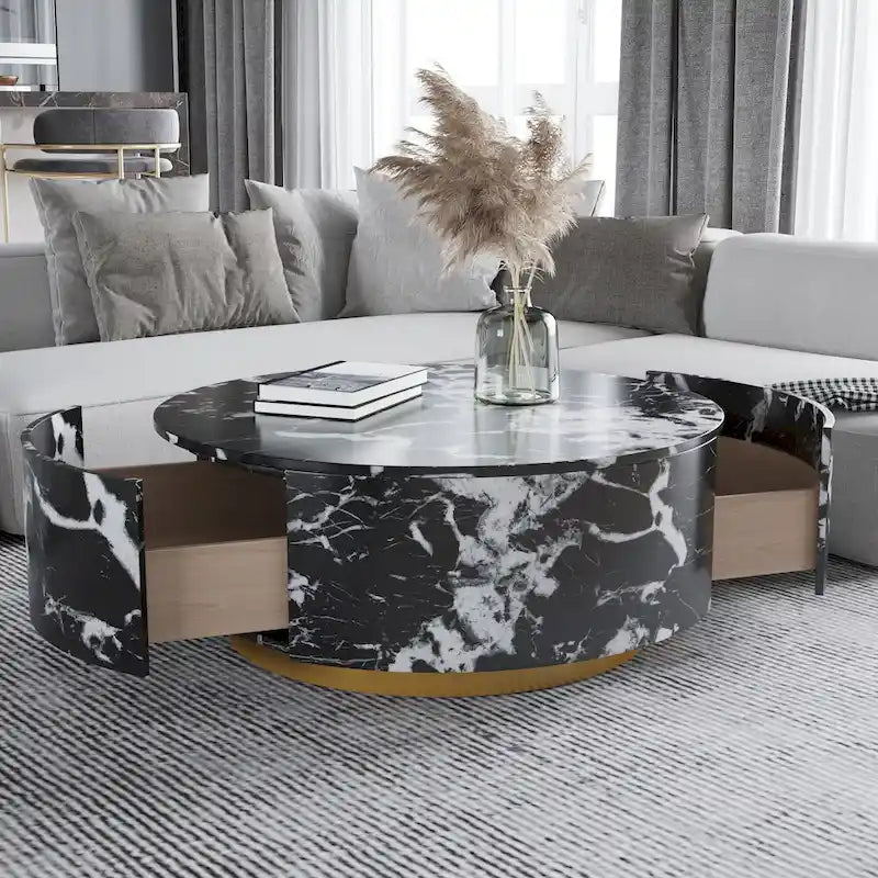 Table basse ronde moderne en similicuir marbre avec 2 tiroirs, entièrement assemblée