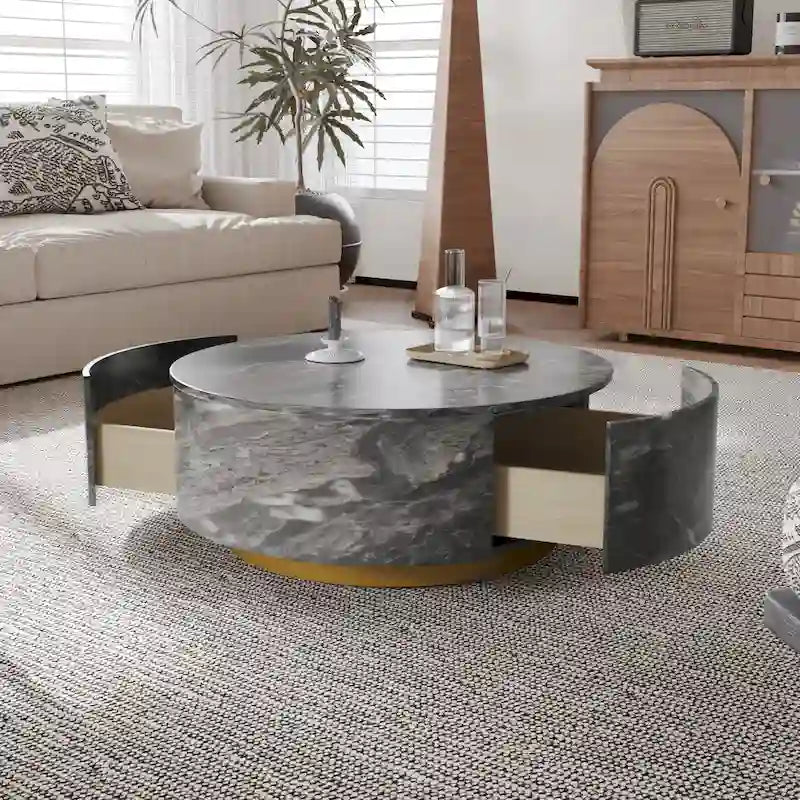 Table basse ronde moderne en similicuir marbre avec 2 tiroirs, entièrement assemblée
